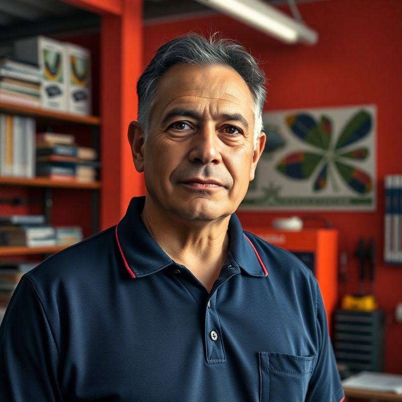 Retrato do fundador da BOP Auto Service em camisa polo azul-noite no escritório da oficina