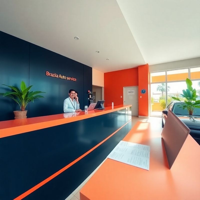 Recepção da BOP Auto Service com balcão azul-noite e detalhes coral